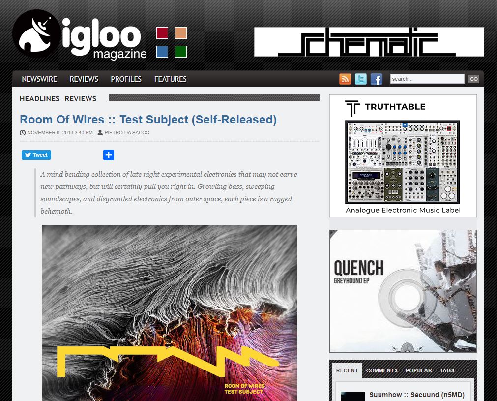 'A mind bending collection of late night experimental electronics' - Igloo Magazine reviews Test Subject